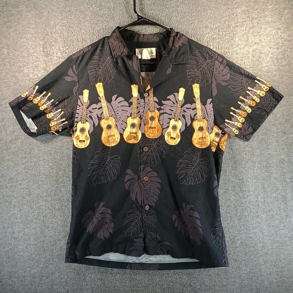 Vintage‎ Bishop St Apparel Hawaiian Shirt Mens S Aloha Ukulele Black Made in USA